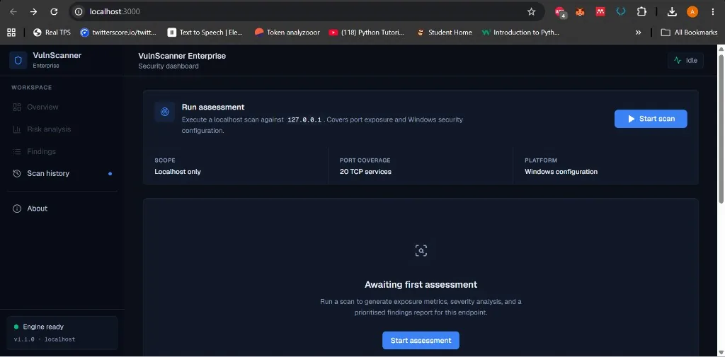 VulnScanner Enterprise dashboard ready to start a new localhost assessment