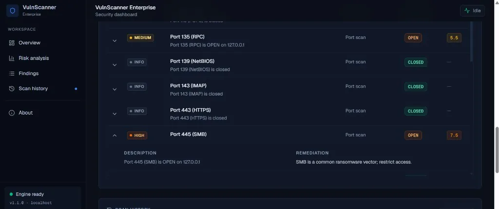 VulnScanner Enterprise detailed findings with severity badges and CVSS scores