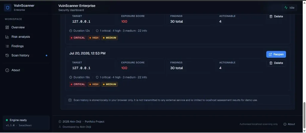 VulnScanner Enterprise scan history with reopen and delete actions